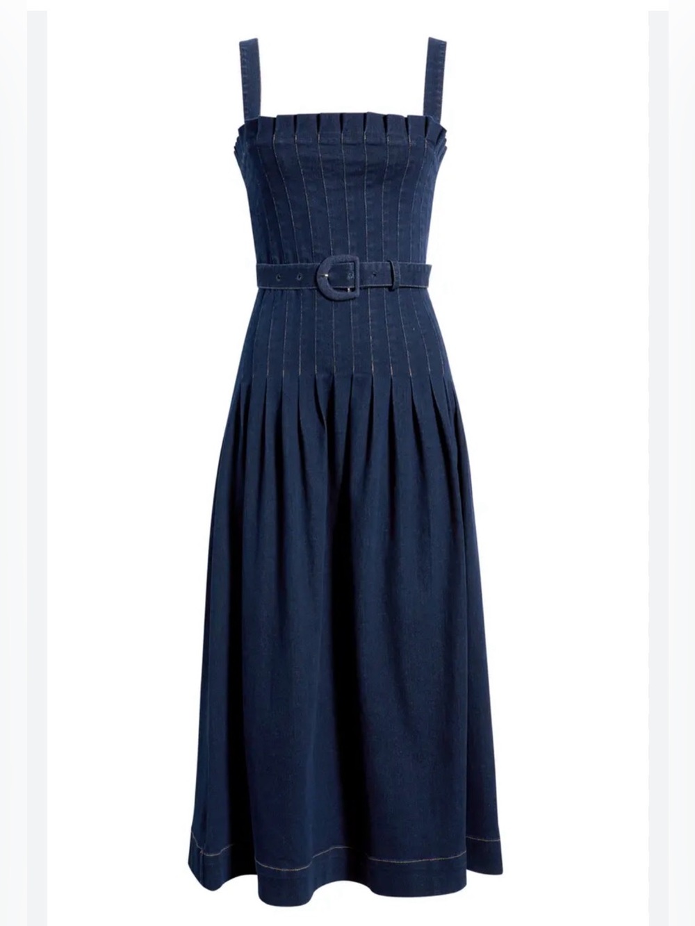 ANTHROPOLOGIE PLEATED BELTED DENIM MIDI DRESS SIZE L  NWT